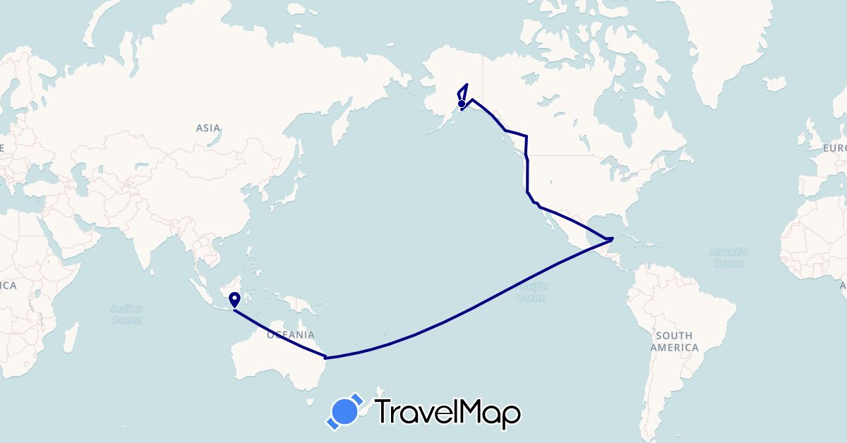 TravelMap itinerary: driving in Australia, Canada, Indonesia, Mexico, United States (Asia, North America, Oceania)